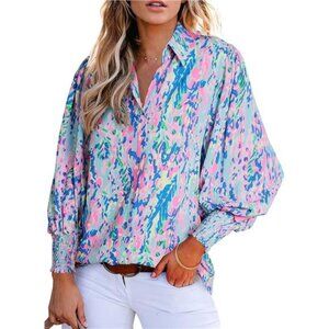 Loose V-Neck Paisley Print Lantern Sleeve Boho Blouse Top